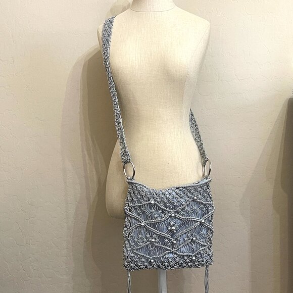Handbags - Crossbody Bag Macrame Crochet Beaded Fringe Silver Purse